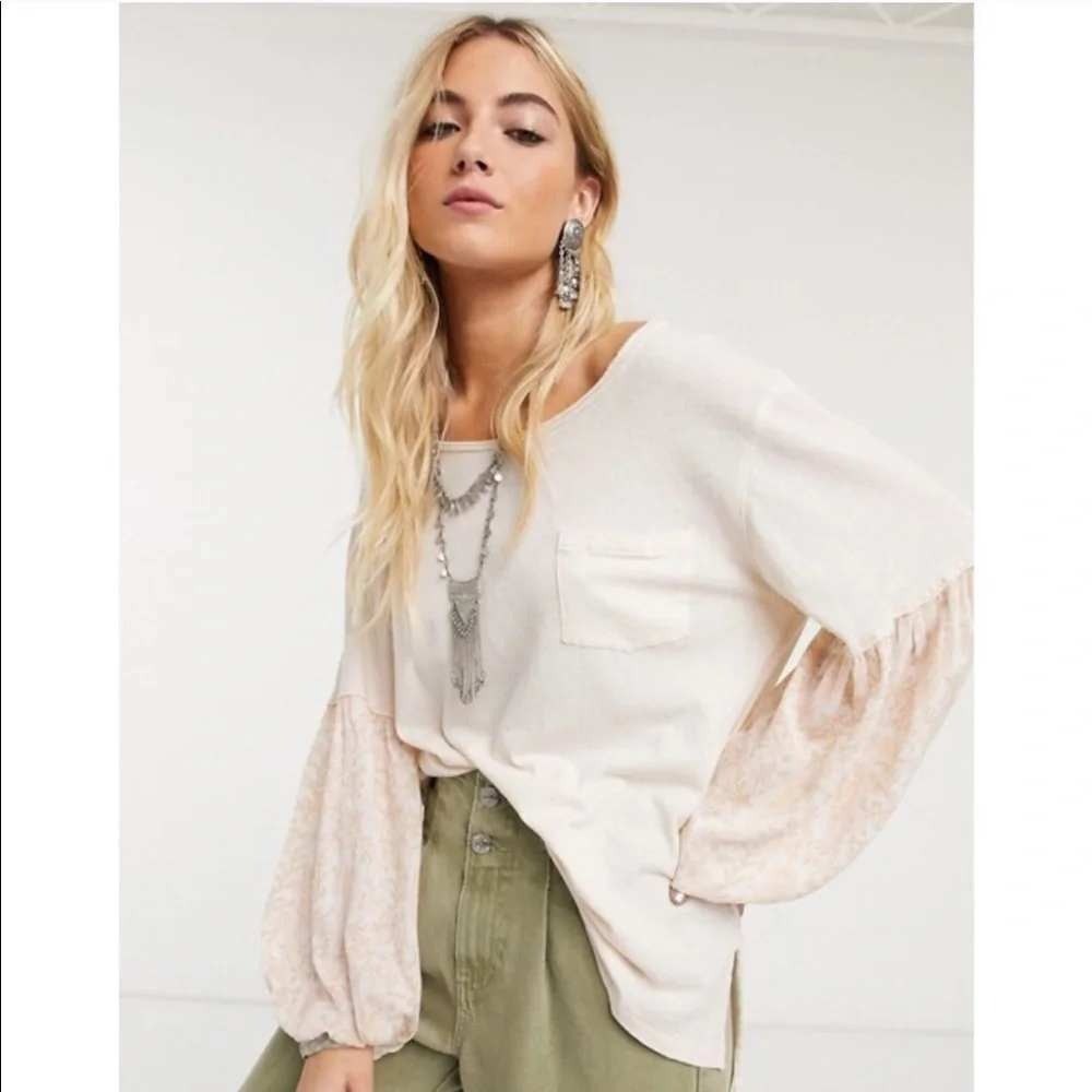 Free People We The Free Jade Top Medium Cream Floral Puff Sleeve Boho